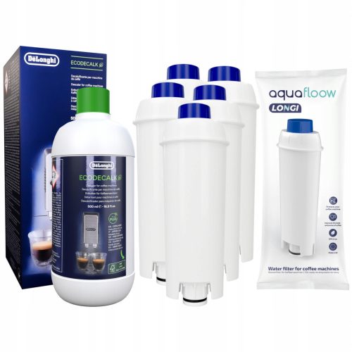  5× Wasserfilter für AquaFlow Longi Kaffeemaschine weiß + Delonghi Ecodecalk DLSC500 Entkalker 500 ml