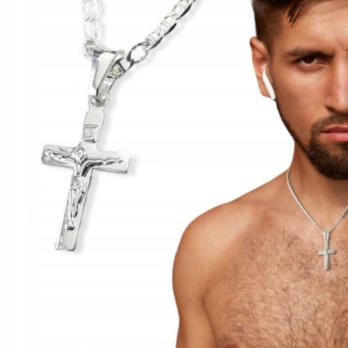  KETTE MIT KREUZ, 925er SILBERKREUZ, LÄNGE 55 cm, GUCCI-GEWEBE, BOX