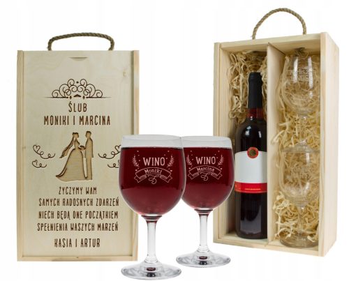 Weinkiste aus Holz und 2 Hochzeitsgläser