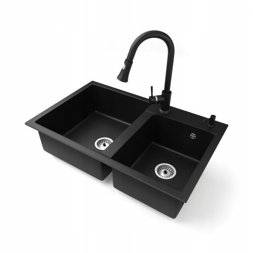 Brado HEKTOR Zweibeckenspüle, schwarz, TARU-Wasserhahn, Spender aus schwarzem Granit