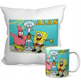  SPONGEBOB-SET BECHER 330 ML + KISSEN 40x40 + NAMEN