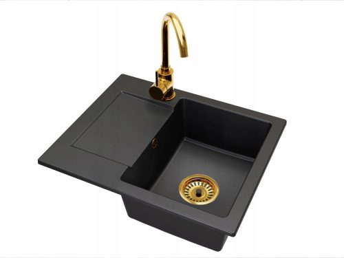 Brado DONZO Einbeckenspüle Beta Wasserhahn Złoto Siphon Gold schwarzer Granit