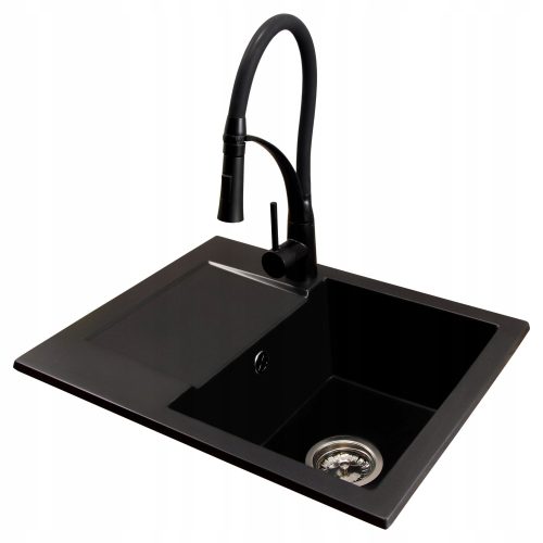 Brado Donzo Einbeckenspüle. NEXO-Wasserhahn, schwarz, Siphon, Chrom, schwarzer Granit