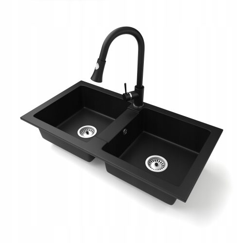 Brado BORYS Zweibeckenspüle STEEL Wasserhahn Siphon Chrom schwarzer Granit