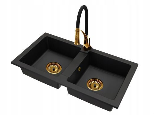 Brado BORYS Doppelbeckenspüle, NEXO-Wasserhahn, Gold, GOLD-Siphon, schwarzer Granit