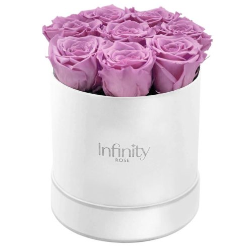 Blumen in einer Schachtel, lila ewige Rosen, Geschenkbox