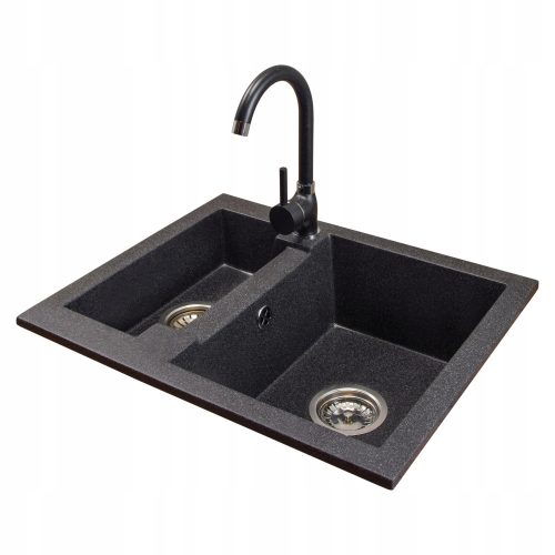 Brado YOGI Eineinhalbbeckenspüle, BETA-Wasserhahn, Siphon, Chrom, schwarzer Granit