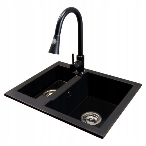 Brado YOGI Eineinhalbbeckenspüle, TARU-Wasserhahn, Siphon, Chrom, schwarzer Granit