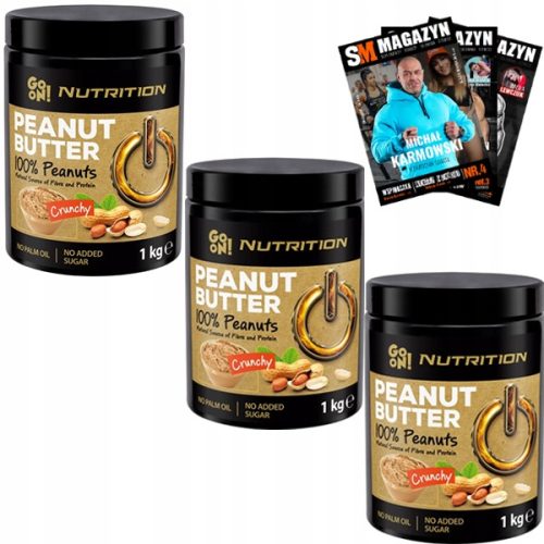 3x GO ON Erdnussbutter mit Nussstücken 1000 g - Reich an Proteinen und ohne Zusatzstoffe