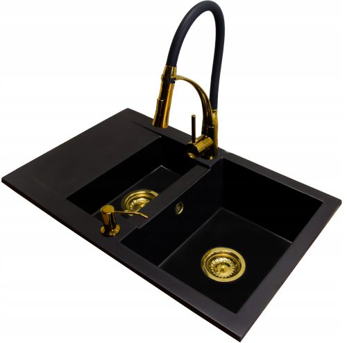Brado DORIS Waschbecken mit eineinhalb Becken, Nexo-Wasserhahn, Siphonspender, goldener schwarzer Granit