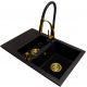 Brado DORIS Waschbecken mit eineinhalb Becken, Nexo-Wasserhahn, Siphonspender, goldener schwarzer Granit