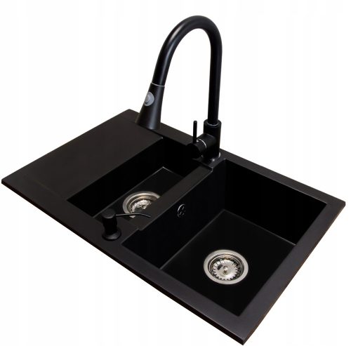 Brado DORIS Waschbecken mit eineinhalb Becken, Taru-Wasserhahn, Siphonspender, Chrom, schwarzer Granit