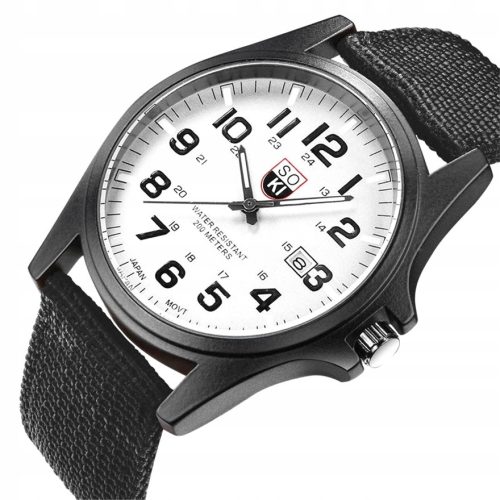  , Soki-Militäruhr mit Datum, Stoffarmband, weißes Zifferblatt