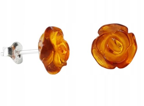  Silberne ROSENOHRRINGE, Ohrstecker mit BERNSTEIN, Zertifikat.