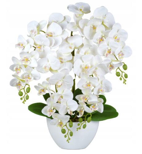 Künstliche Vierblüten-Orchidee in modernem Boot-Design-Topf
