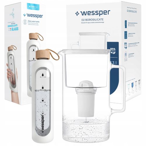  Wessper D2 Borosilikat Aquaclassic Filterkanne 3,3 l weiß + Wessper Flasche 1000 ml