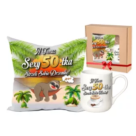    LUSTIGES GESCHENK ZUM 50. GEBURTSTAG FÜR EINE FRAU, SET AUS KISSEN + BECHER
