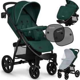    Lionelo Plus Annet grüner Waldkinderwagen + Sonnenschutz für Autofenster. 2 Lionelo-Sonnenschirme