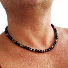  ONYX-HÄMATIT-TIGERAUGEN-HALSKETTE FÜR HERREN, 42 cm