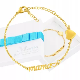    Verstellbares Herzarmband aus Gold. Aufschrift „Mom Woman“ mit Gravur „Love Box“.