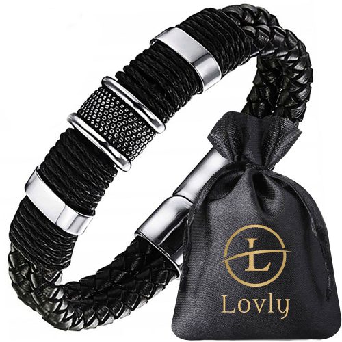  ELEGANTES STAHLARMBAND FÜR HERREN AUS SCHWARZEM LEDER