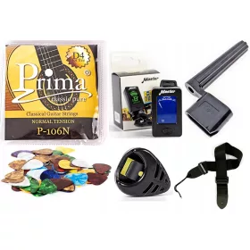  TUNER + KLASSISCHE GITARRENSAITEN + PICKS + KURBEL
