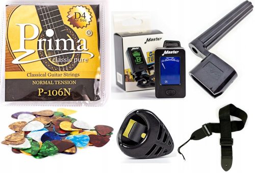  TUNER + KLASSISCHE GITARRENSAITEN + PICKS + KURBEL