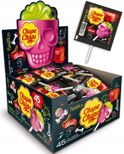 CHUPA CHUPS Halloween-Schädellollis, Erdbeer-Limette, 15g, 45 Stück