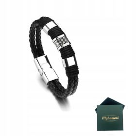  HERREN-LEDERARMBAND, SCHWARZES, SILBERNES LEDER
