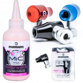    CO2-Kartuschenpumpe Momum Quick Inflator schwarz + Kettenschmiermittel Momum MIC Wax Ceramic Lube 120ml 120 ml