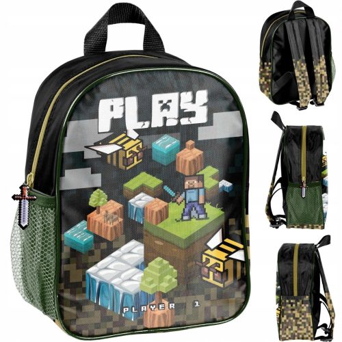  Minecraft Paso Kindergartenrucksack mit einem Fach für Jungen und Mädchen, Schwarz, Grüntöne, Mehrfarbig