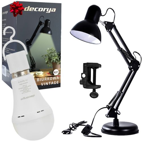  Decorya Vintage Schreibtischlampe schwarz E27 + Decorya Emergency TouchBulb Notfallbirne