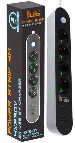 Smartled Strip-Verlängerungskabel 3 m, 4 Stk. Steckdosen, schwarz