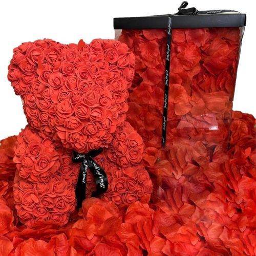 BÄR MIT ROSEN 40 CM XXL BOX VOLLER BLÜTENBLÄTTER GESCHENK