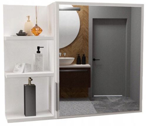 Weißer Badezimmerschrank mit Regalen und Spiegel. Hängend