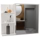 Weißer Badezimmerschrank mit Regalen und Spiegel. Hängend