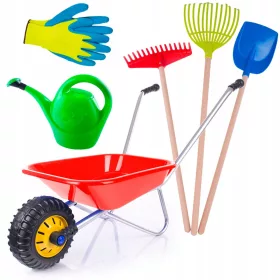   Schubkarren, große Rechen, Spachtel, Gießkanne, Handschuhe, Set