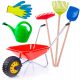 Schubkarren, große Rechen, Spachtel, Gießkanne, Handschuhe, Set