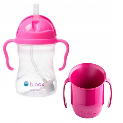  Doidy Cup mit fuchsiafarbenen Griffen mit Glitzer 3m+ + B.Box BB00511 Wasserflasche mit Strohhalm 240 ml rosa