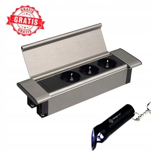 Steckdose, Steckdosenleiste, Arbeitsplatte, Designleuchte, silber