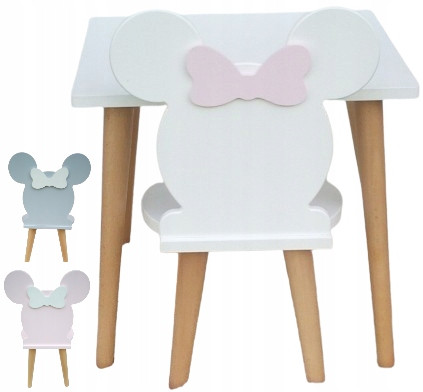  50/50-Tisch mit einem Mouse-Stuhl mit Schleife
