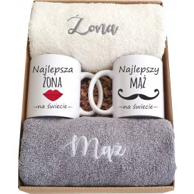    Set Handtücher und Tassen mit Aufdruck für eine Hochzeit und Hochzeitsmilcard 5-tlg.