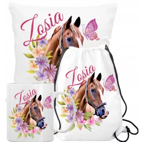    Pferde-Set, Kissen, Tasse, Tasche, Pferde, beliebiger Name als Geburtstagsgeschenk