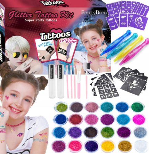  GLITZER-TATTOOS FÜR KINDER, STIFTE, GROSSES SET