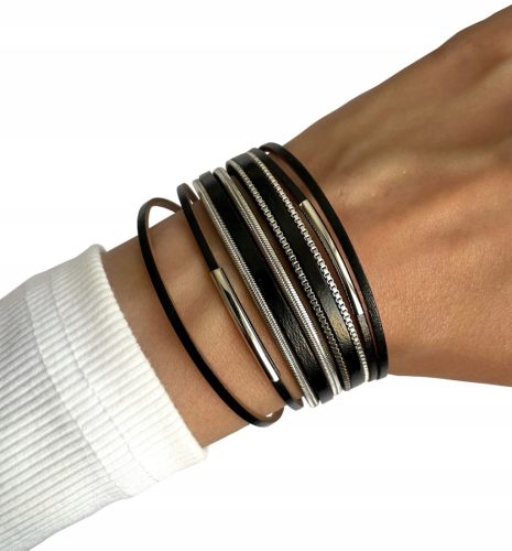  Damenarmband aus schwarzem Leder mit Streifen