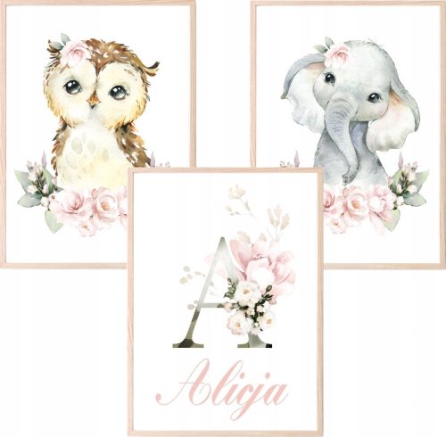  3er-Set A3-Bilder Tiere Blumen Namen des Kindes