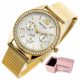  PERFEKTE ADELLE-DAMENUHR + BOX + GRAVUR, goldene Mesh-Zirkone
