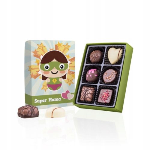 Super Mama: Exklusiver Pralinen-Set mit 6 belgischen Schokoladenpralinen in Geschenkverpackung