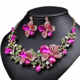  Set aus Halskette und Ohrringen, rosa Blumen, Zirkone