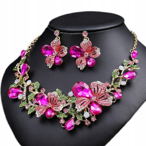  Set aus Halskette und Ohrringen, rosa Blumen, Zirkone